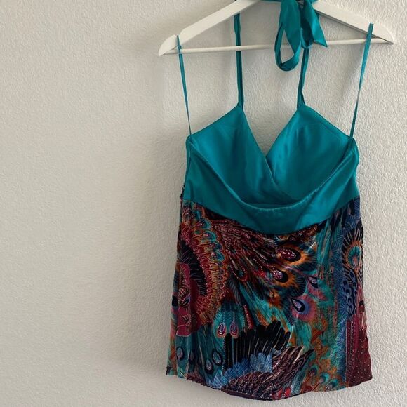 Y2K Caché Peacock Pattern Silk Beaded Halter Top - Picture 6 of 9